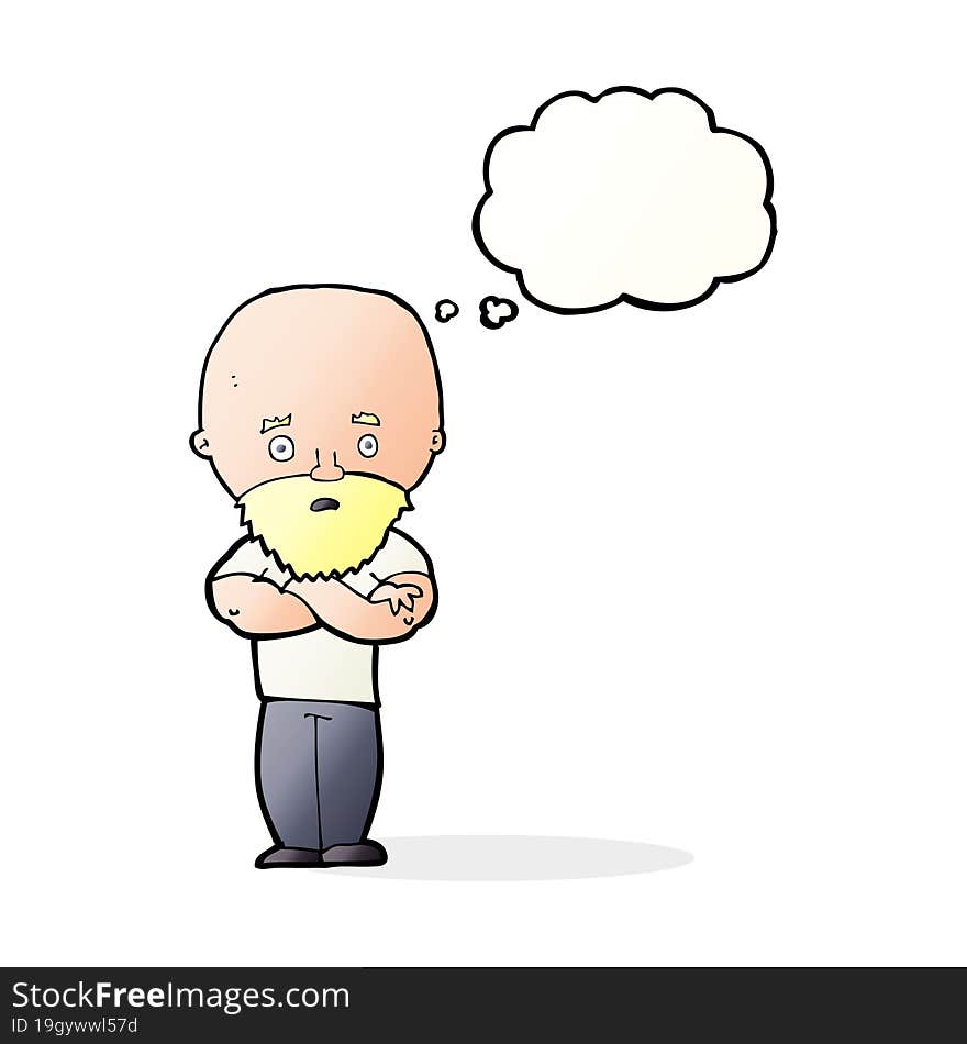 cartoon shocked bald man with beard with thought bubble