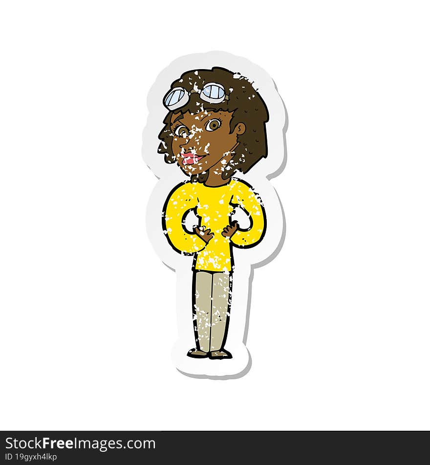 retro distressed sticker of a cartoon aviator woman