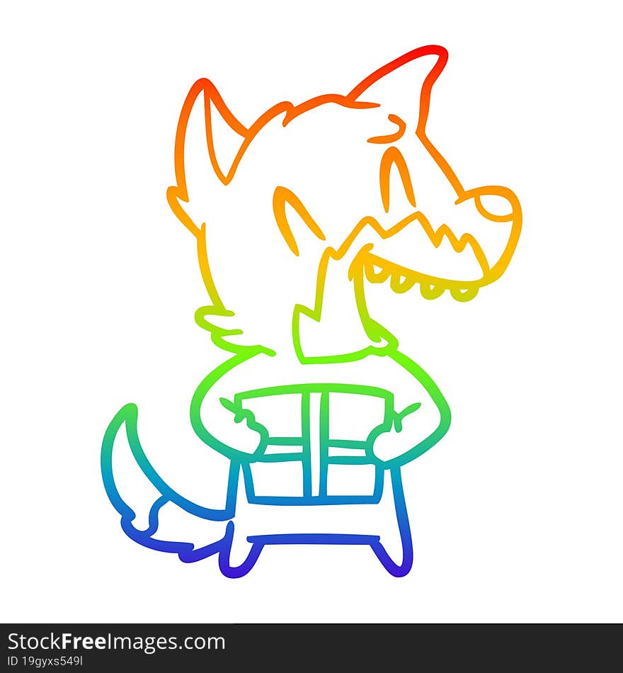 rainbow gradient line drawing of a laughing christmas fox cartoon