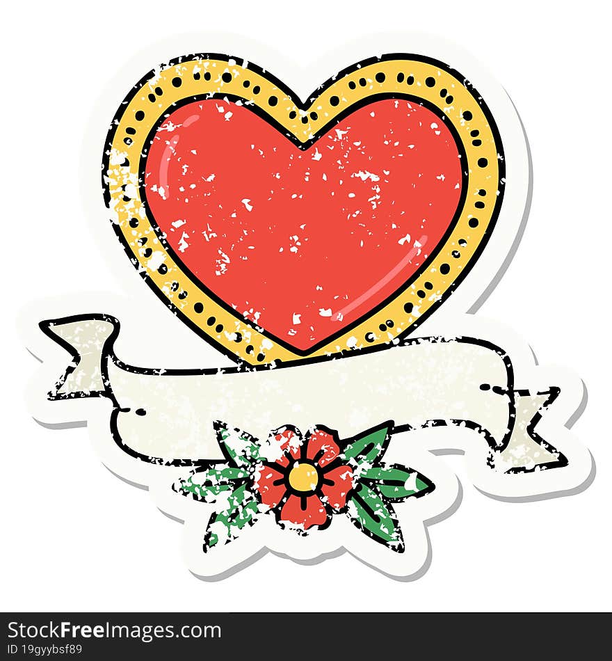 traditional distressed sticker tattoo of a heart and banner