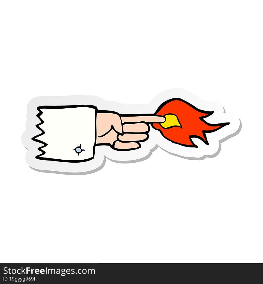 sticker of a cartoon flaming pointing finger symbol