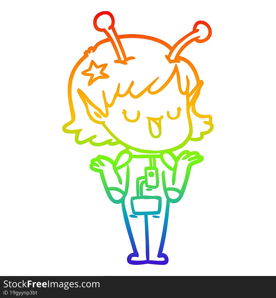 Rainbow Gradient Line Drawing Happy Alien Girl Cartoon