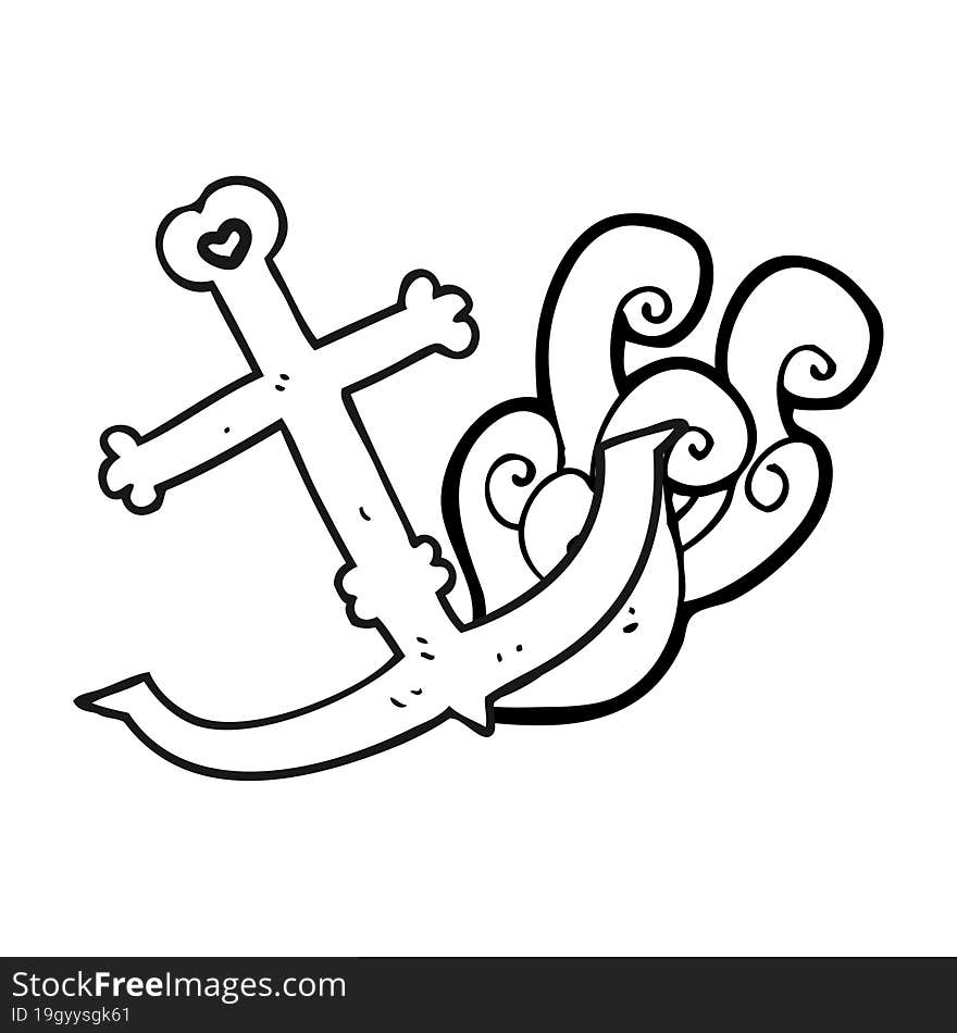 freehand drawn black and white cartoon anchor