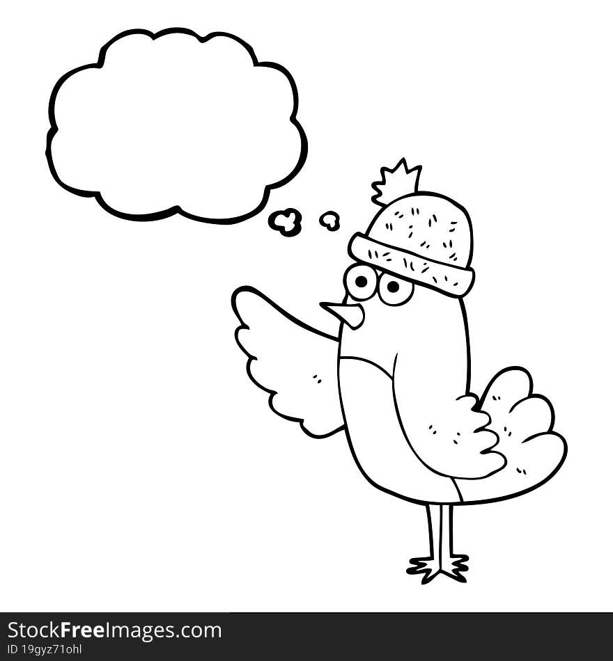 freehand drawn thought bubble cartoon bird wearing hat