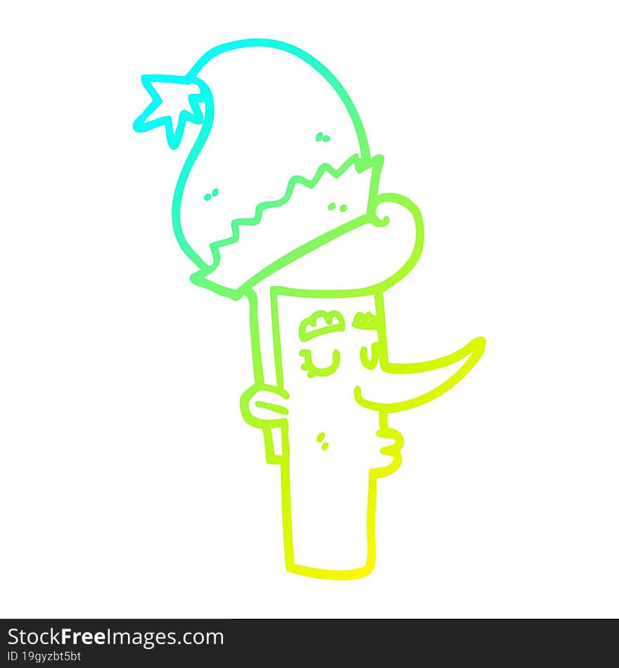 cold gradient line drawing of a cartoon man in christmas hat