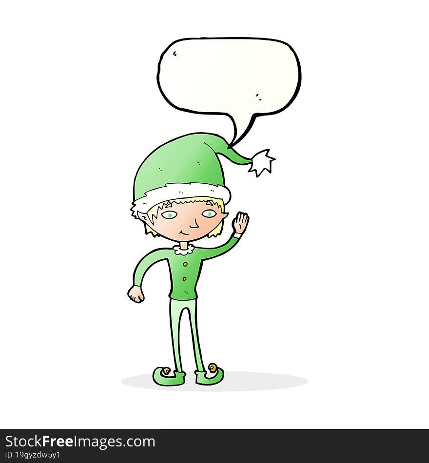 Cartoon Waving Christmas Elf With Speech Bubble