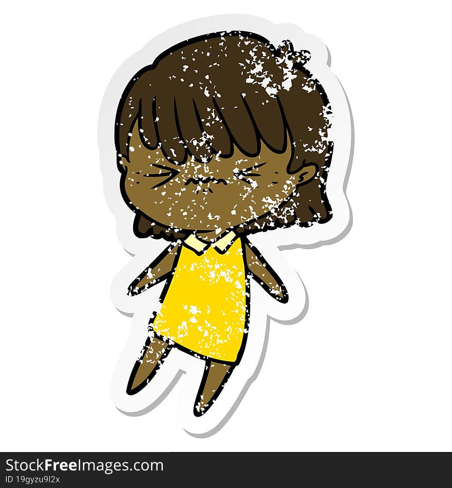 distressed sticker of a annoyed cartoon girl