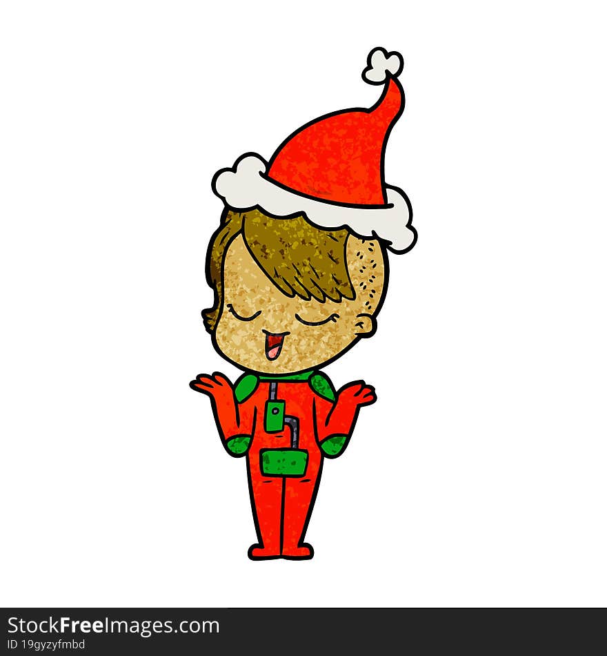 happy textured cartoon of a girl in space suit wearing santa hat