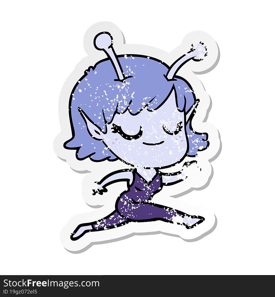 Distressed Sticker Of A Smiling Alien Girl Cartoon Running