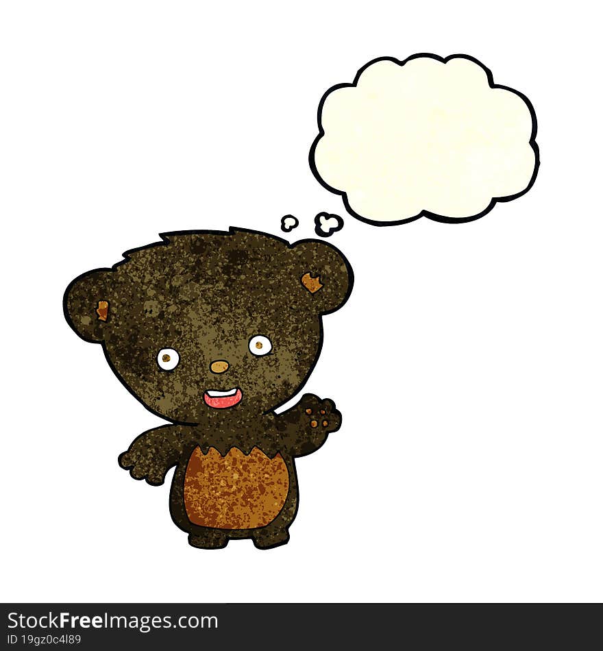 cartoon black bearcub waving with thought bubble