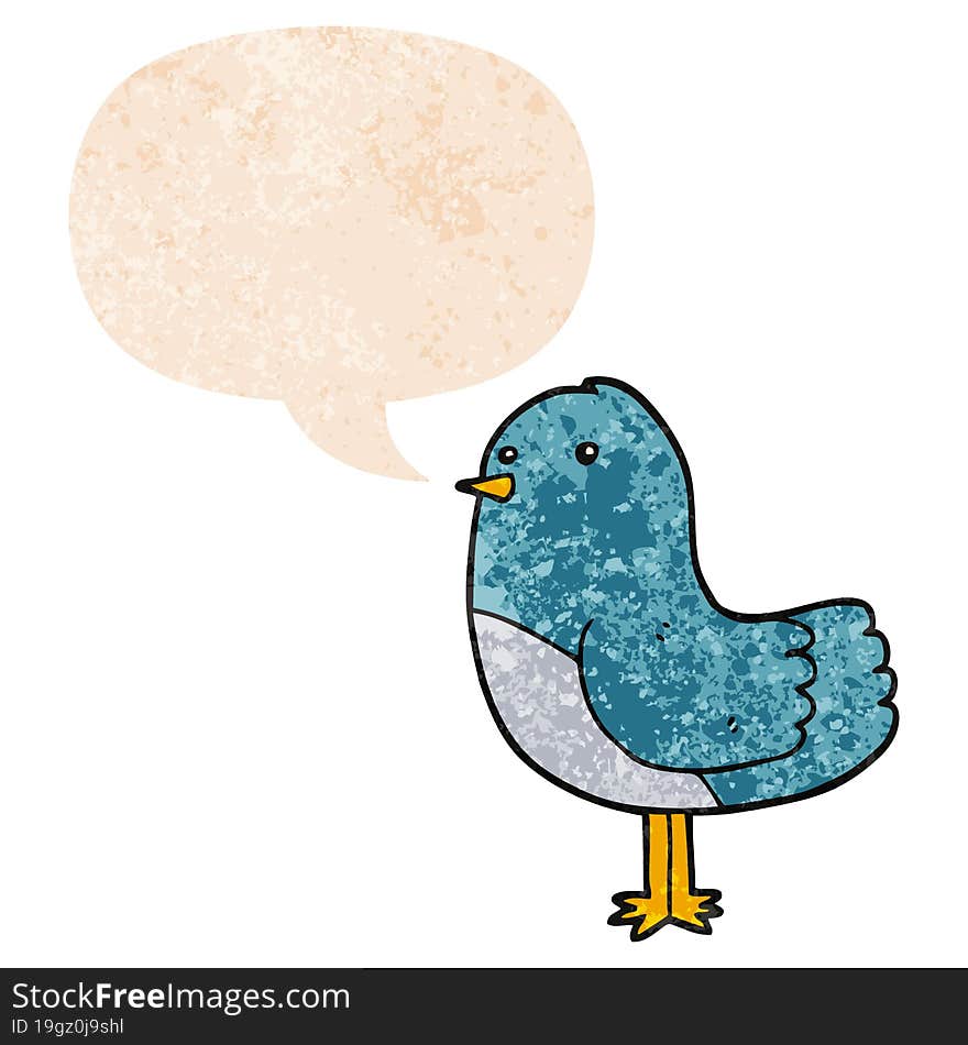 cartoon bird with speech bubble in grunge distressed retro textured style. cartoon bird with speech bubble in grunge distressed retro textured style