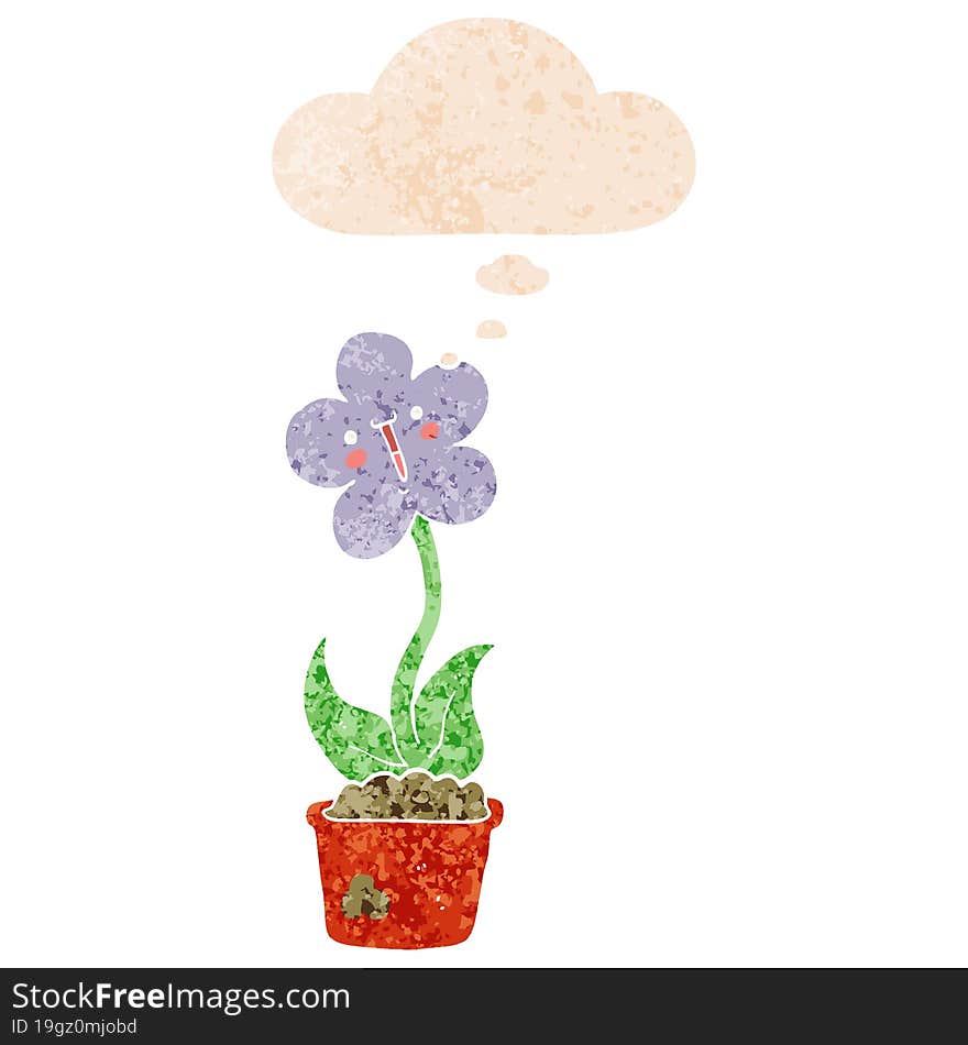 Cute Cartoon Flower And Thought Bubble In Retro Textured Style