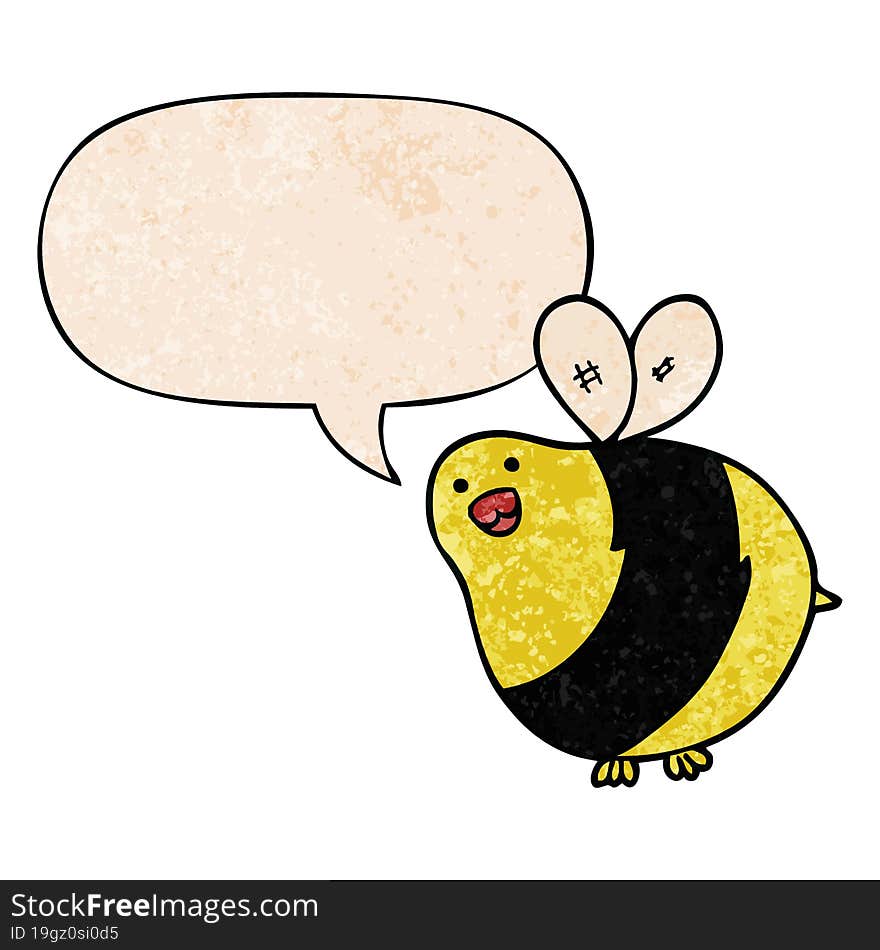 cartoon bee and speech bubble in retro texture style