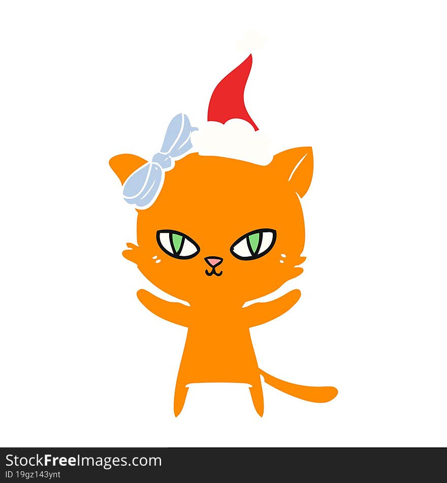 cute flat color illustration of a cat wearing santa hat