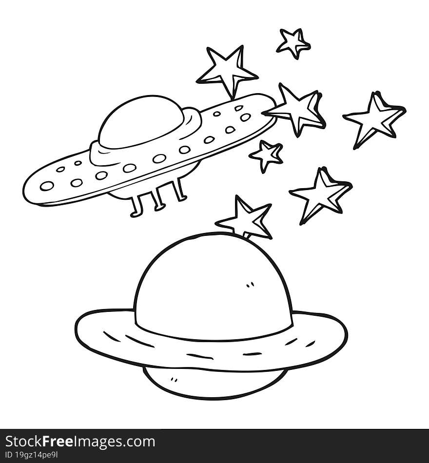 Black And White Cartoon Flying Saucer And Planet