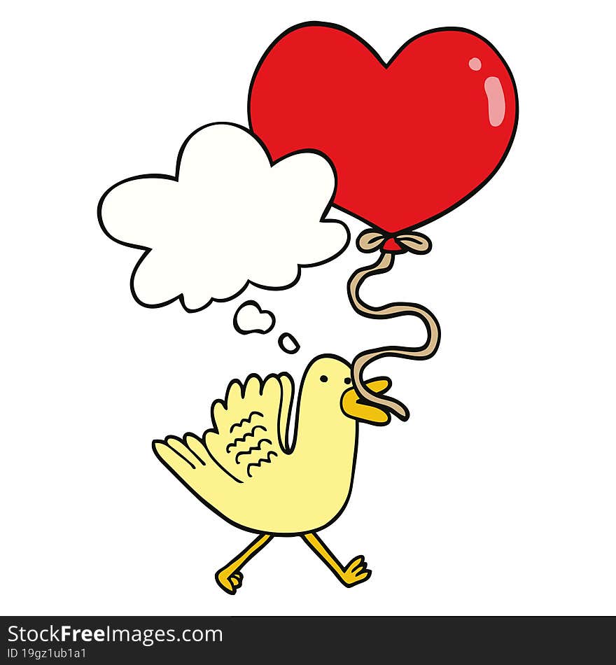 cartoon bird with heart balloon with thought bubble