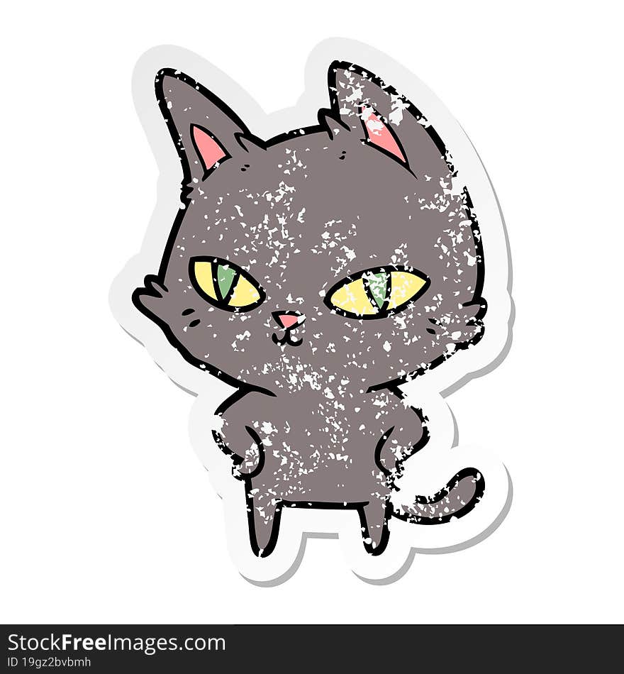 Distressed Sticker Of A Cartoon Cat With Bright Eyes