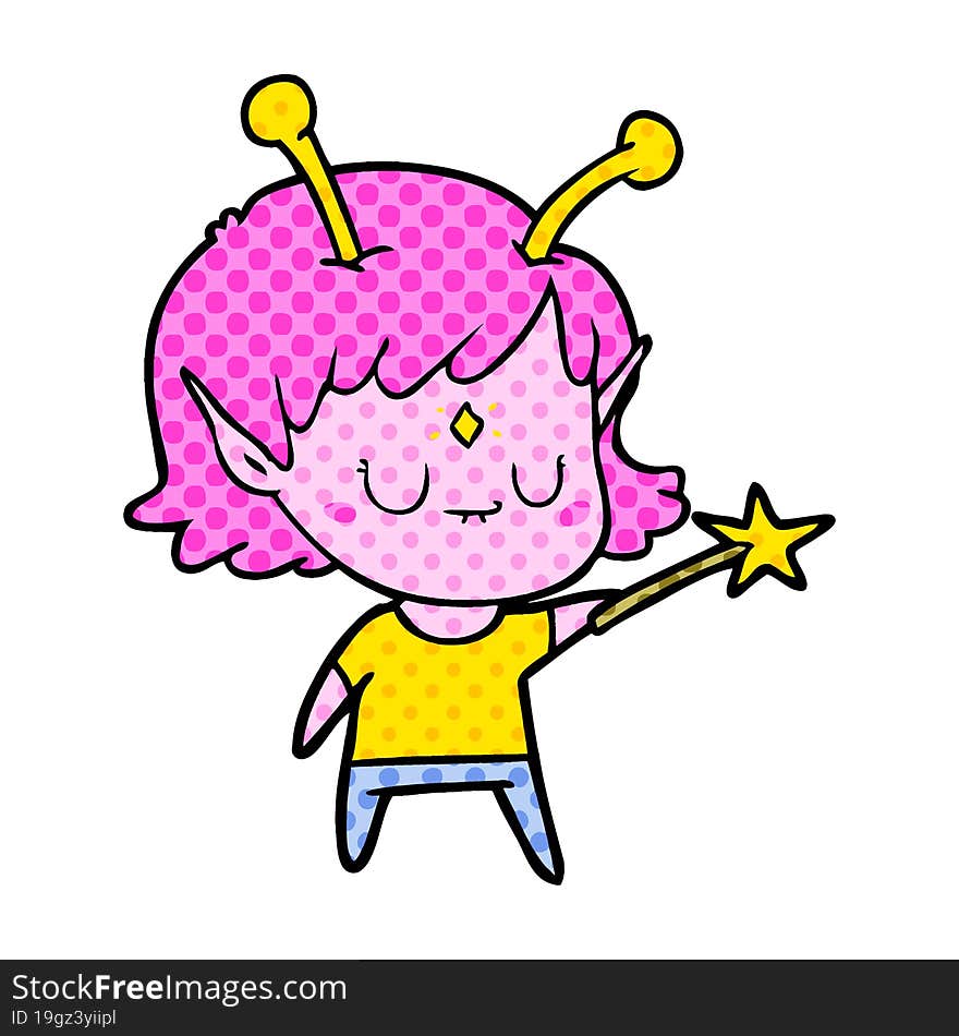 cartoon alien girl with wand. cartoon alien girl with wand