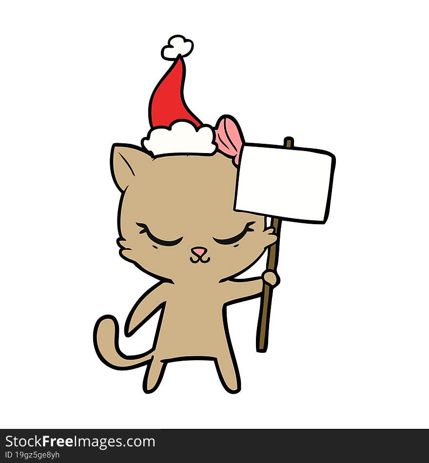 cute line drawing of a cat with sign wearing santa hat