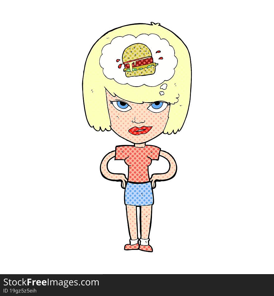 cartoon woman thinking about junk food