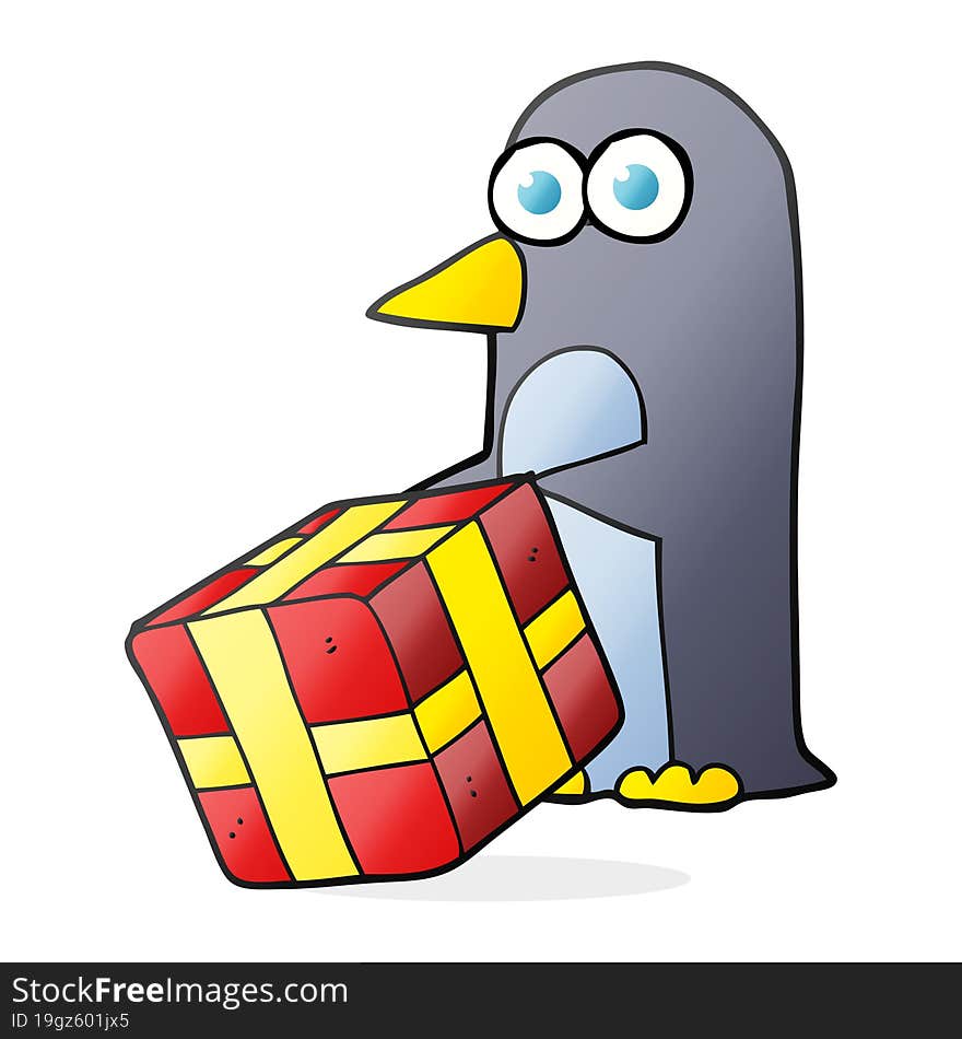 Cartoon Penguin With Christmas Present