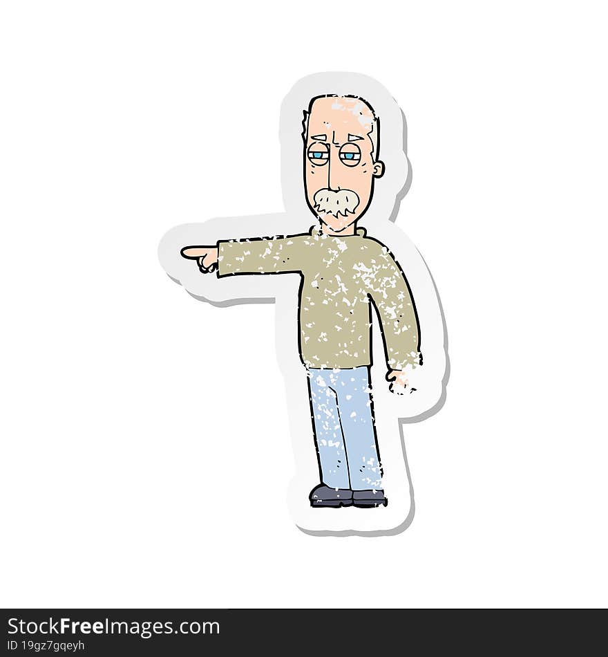 retro distressed sticker of a cartoon old man gesturing Get Out