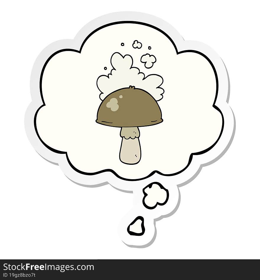 cartoon mushroom with spore cloud and thought bubble as a printed sticker