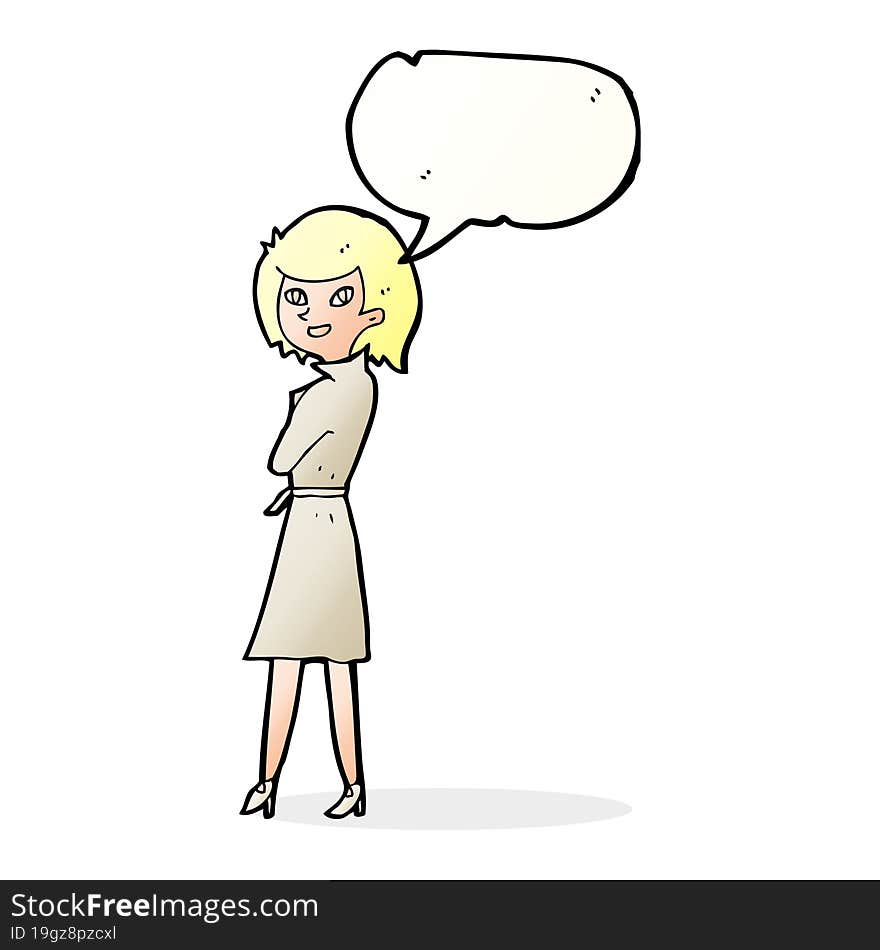 cartoon woman in trench coat with speech bubble