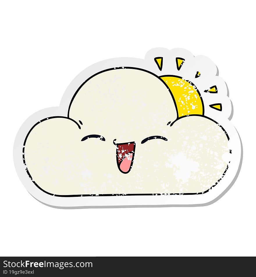 distressed sticker of a quirky hand drawn cartoon sun and happy cloud