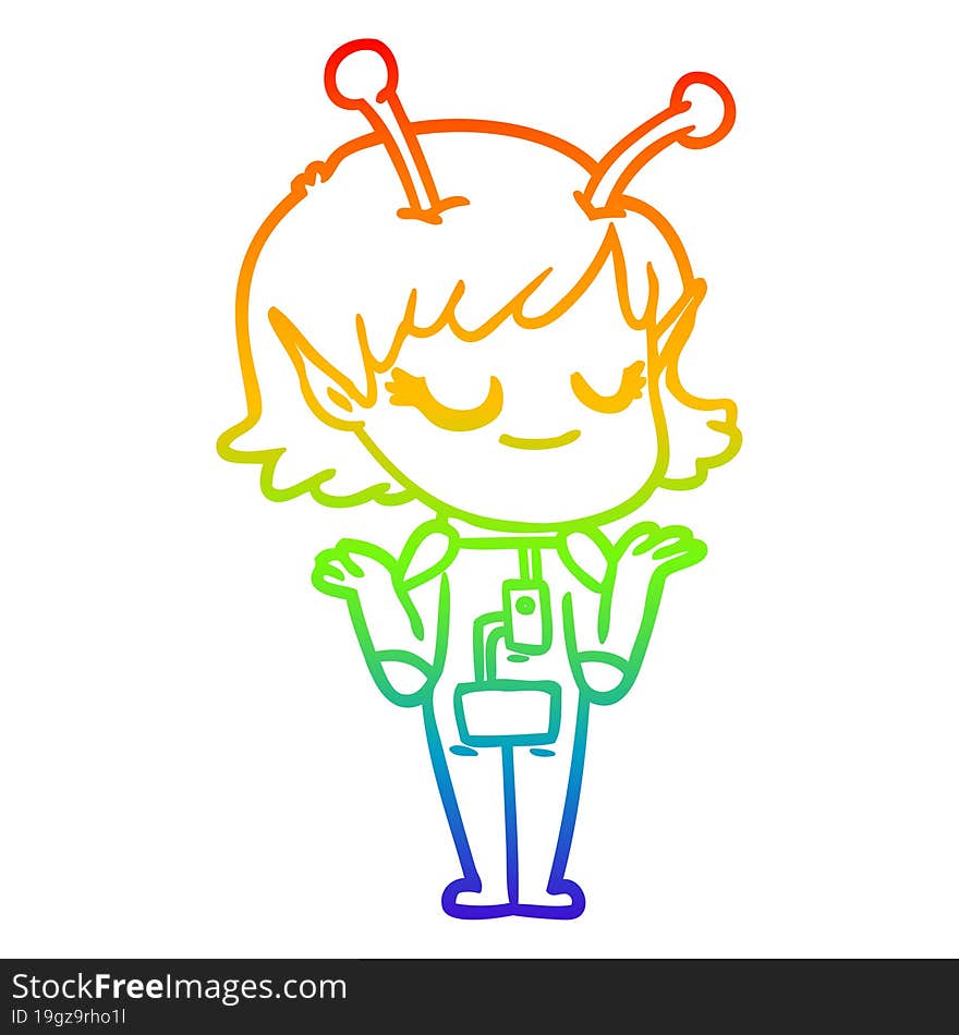 rainbow gradient line drawing smiling alien girl cartoon