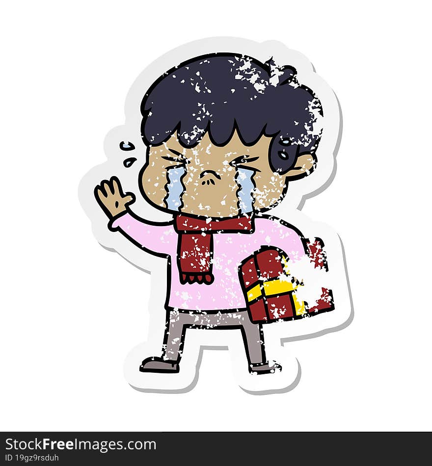 distressed sticker of a crying boy cartoon