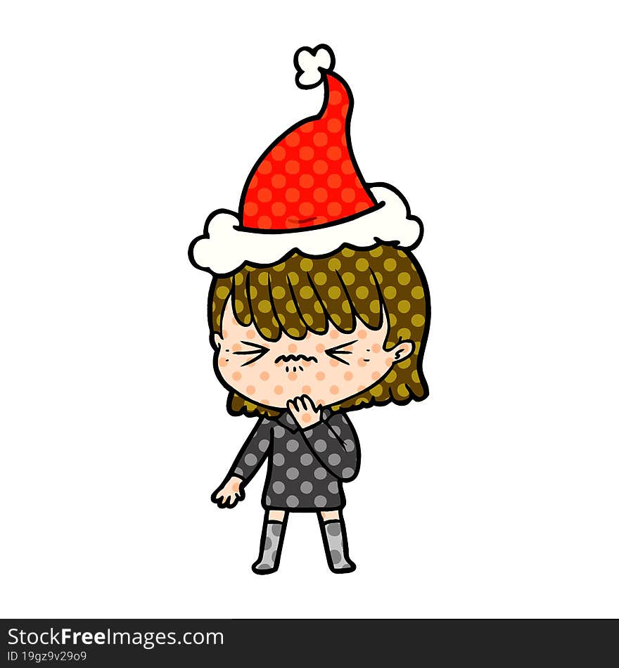 hand drawn comic book style illustration of a girl regretting a mistake wearing santa hat