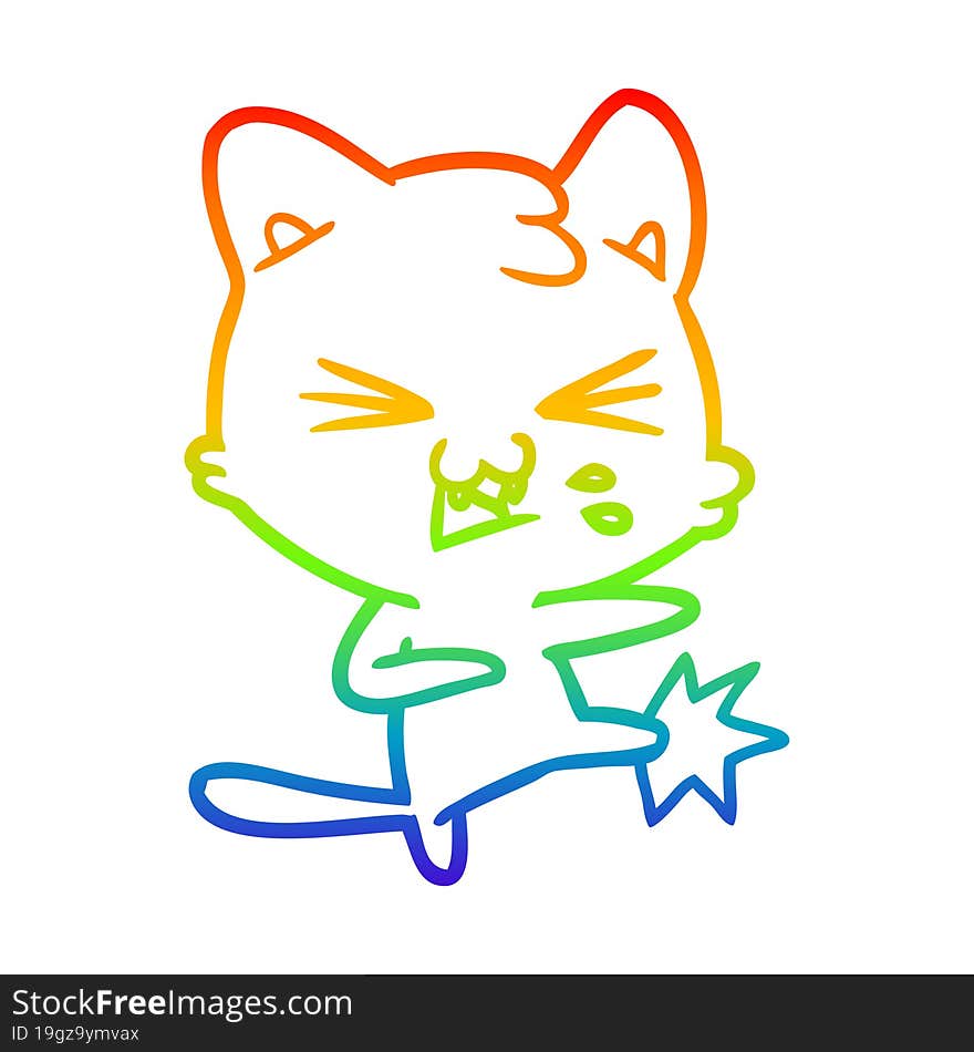 rainbow gradient line drawing of a cartoon cat hissing