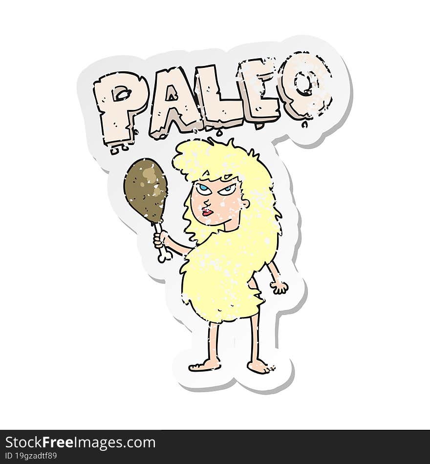 retro distressed sticker of a cartoon woman on paleo diet