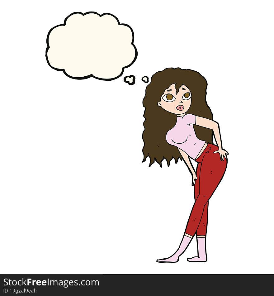 cartoon attractive woman looking surprised with thought bubble