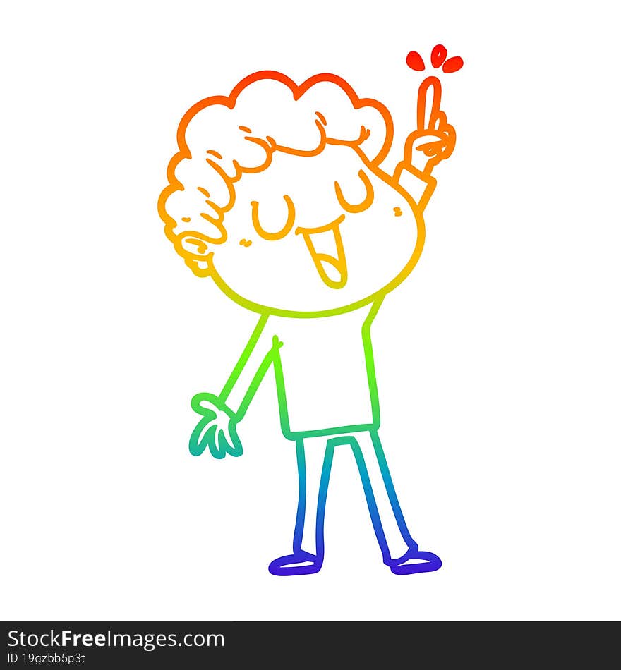 rainbow gradient line drawing laughing cartoon man with great idea