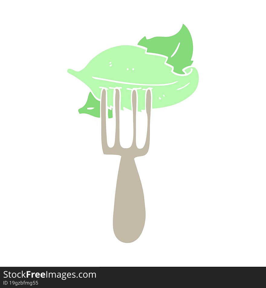 Flat Color Illustration Cartoon Salad Leaves On Fork