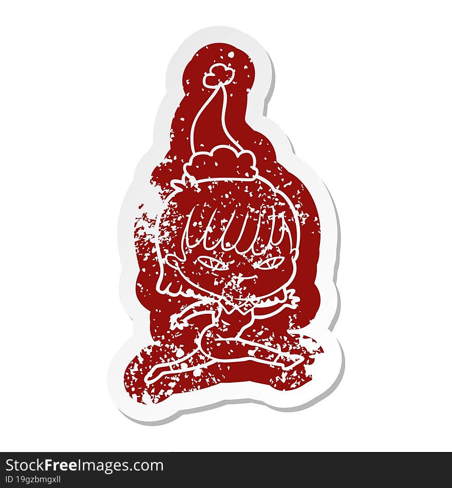 quirky cartoon distressed sticker of a woman wearing santa hat