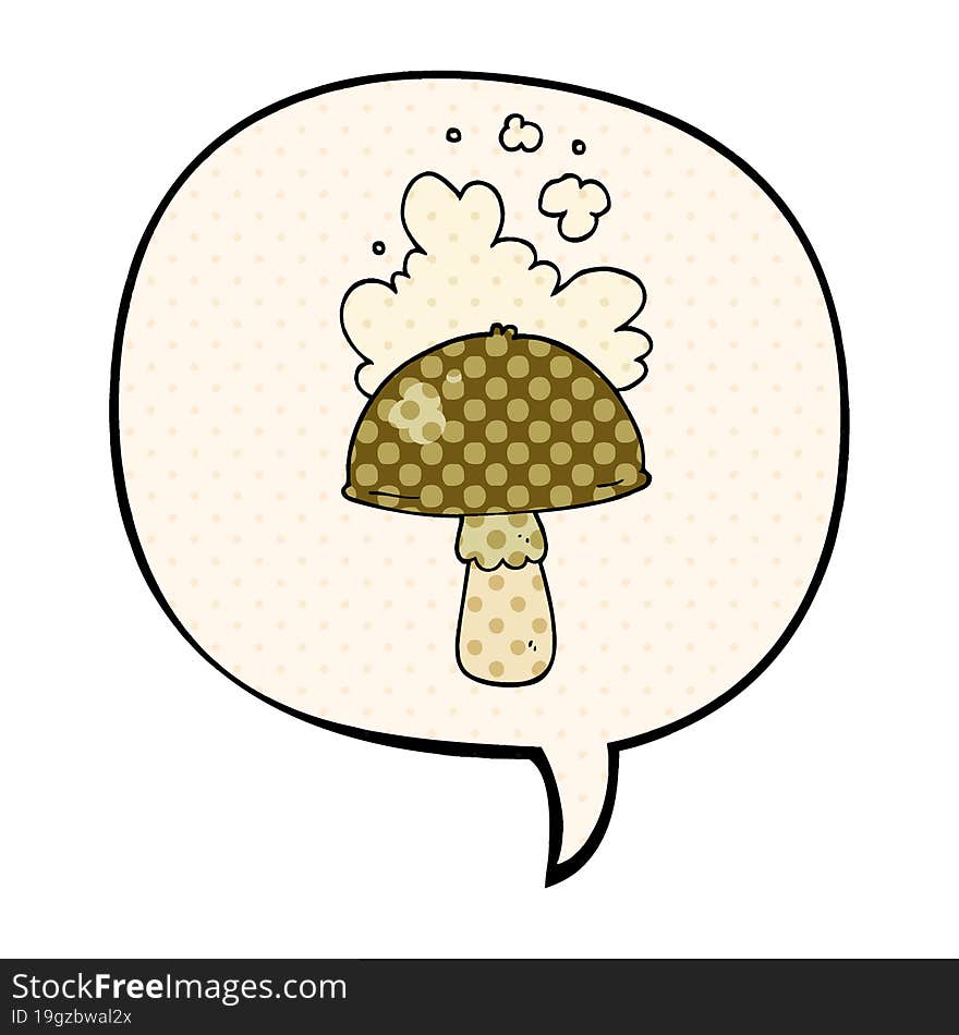 cartoon mushroom with spore cloud with speech bubble in comic book style. cartoon mushroom with spore cloud with speech bubble in comic book style