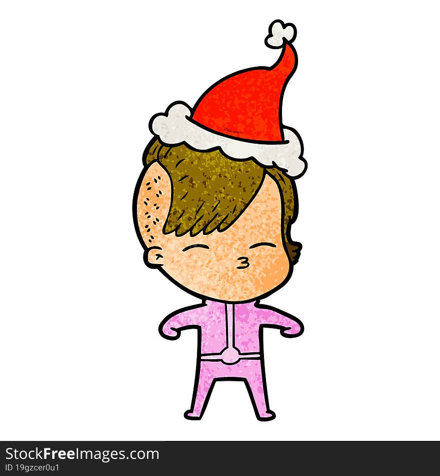 textured cartoon of a girl wearing futuristic clothes wearing santa hat