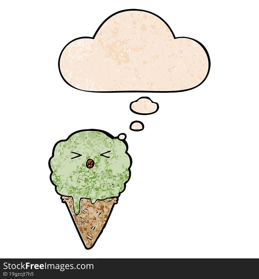 cartoon ice cream and thought bubble in grunge texture pattern style