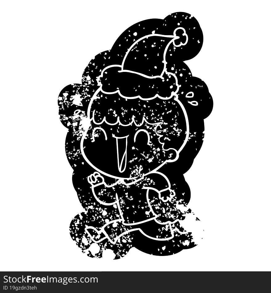 laughing cartoon distressed icon of a man wearing santa hat