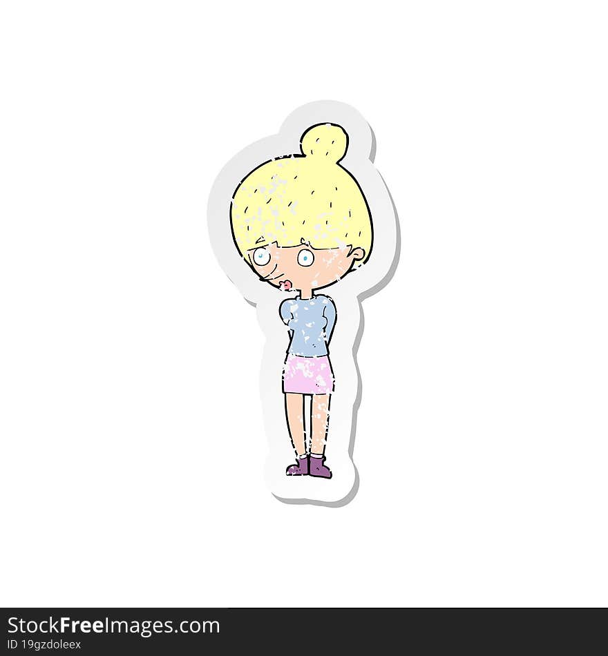 retro distressed sticker of a cartoon woman staring