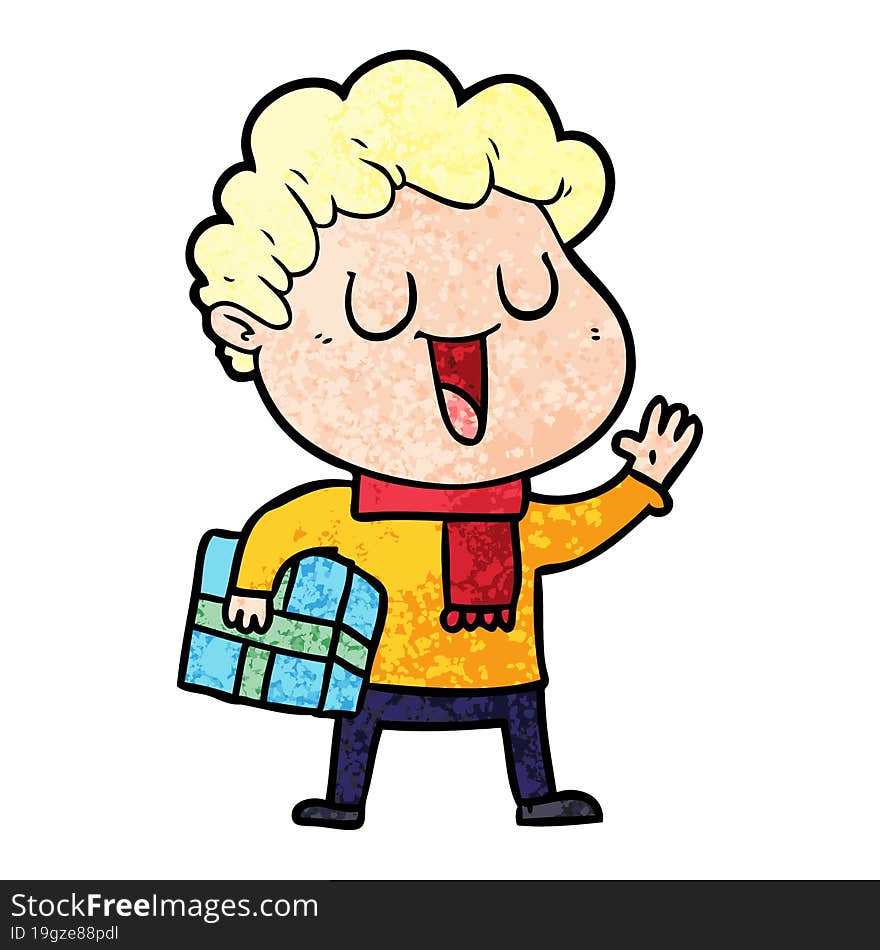 laughing cartoon man with present. laughing cartoon man with present