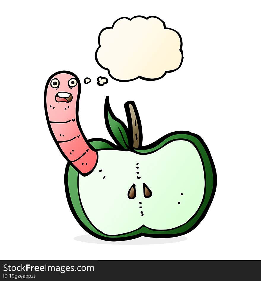 cartoon apple with worm with thought bubble