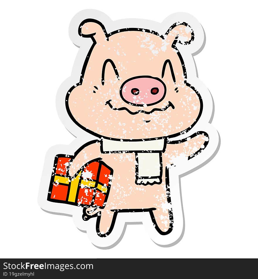 distressed sticker of a nervous cartoon pig with present