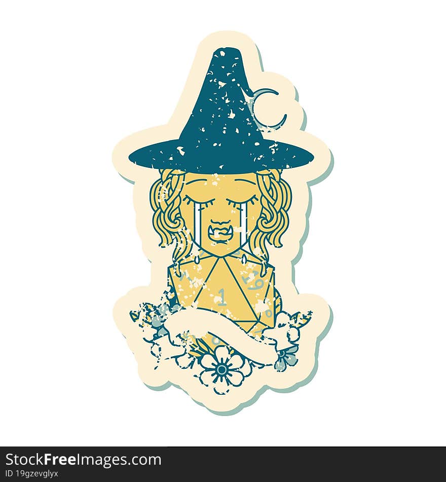 crying orc witch with natural one D20 roll illustration