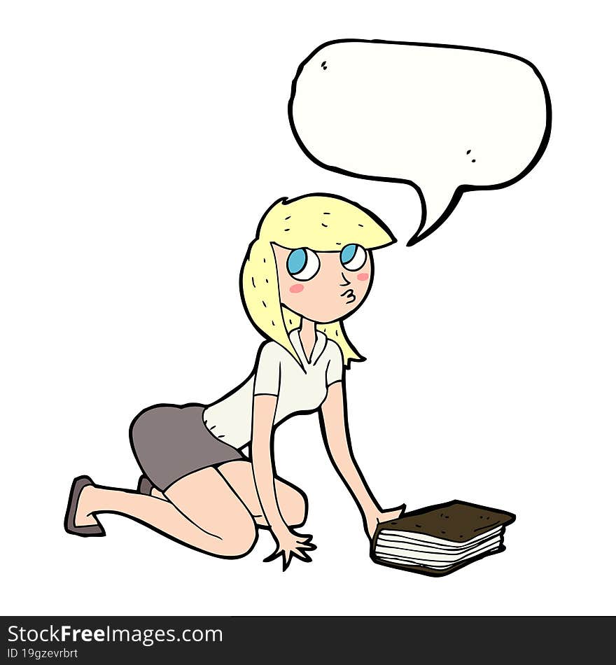 Cartoon Girl Picking Up Book With Speech Bubble