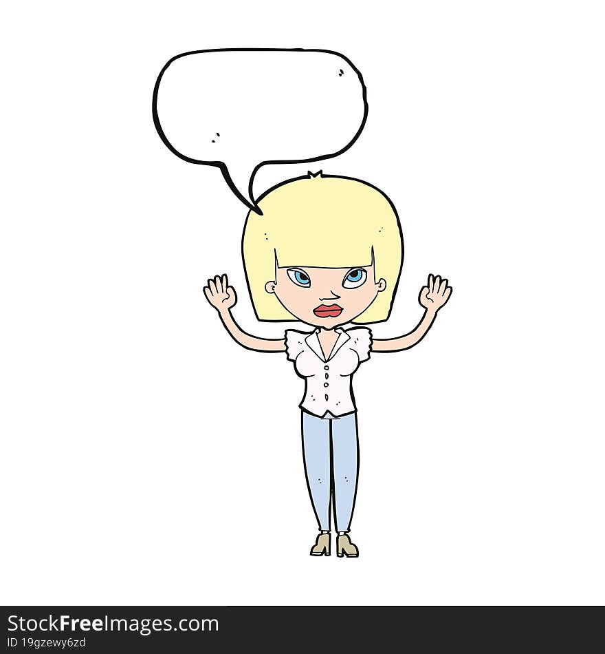 cartoon woman with raised hands with speech bubble