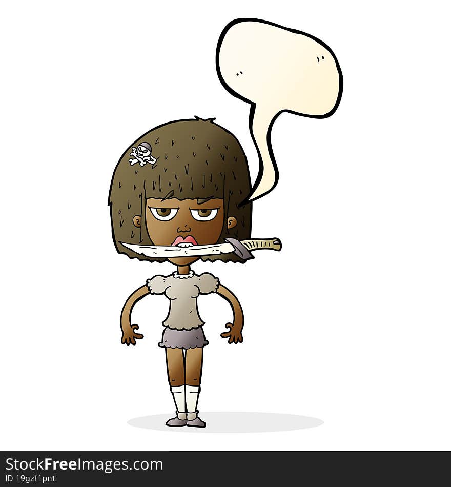 cartoon woman with knife between teeth with speech bubble